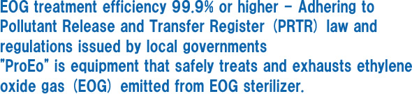 ProEo is equipment that safely treats and exhausts ethylene oxide gas (EOG) emitted from EOG sterilizer. 