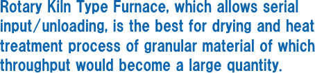 処理料の多い粒粉状原材量の乾燥、熱処理には連続投入/排出が可能なロータリーキルン炉が最適です。
