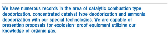 We have numerous records in the area of catalytic combustion type deodorization, concentrated catalyst type deodorization and ammonia deodorization with our special technologies. We are capable of presenting proposals for explosion-proof equipment utilizing our knowledge of organic gas.